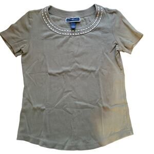 Karen Scott Olive Green Beaded Neck Top Small Short SLeeve Casual